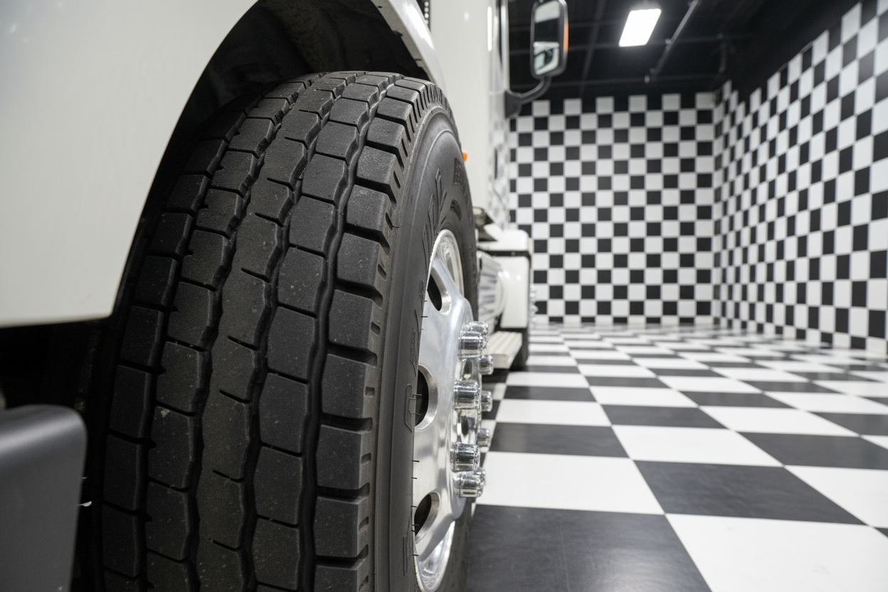 a semi truck rear wheel well closeup shot of road and tire on a wet day