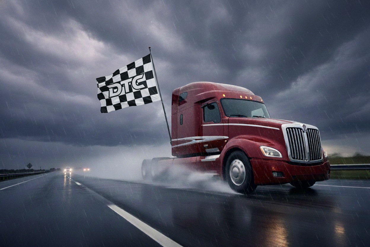 trucker qualification page a checkered flag and a red semi truck on a black rainy day